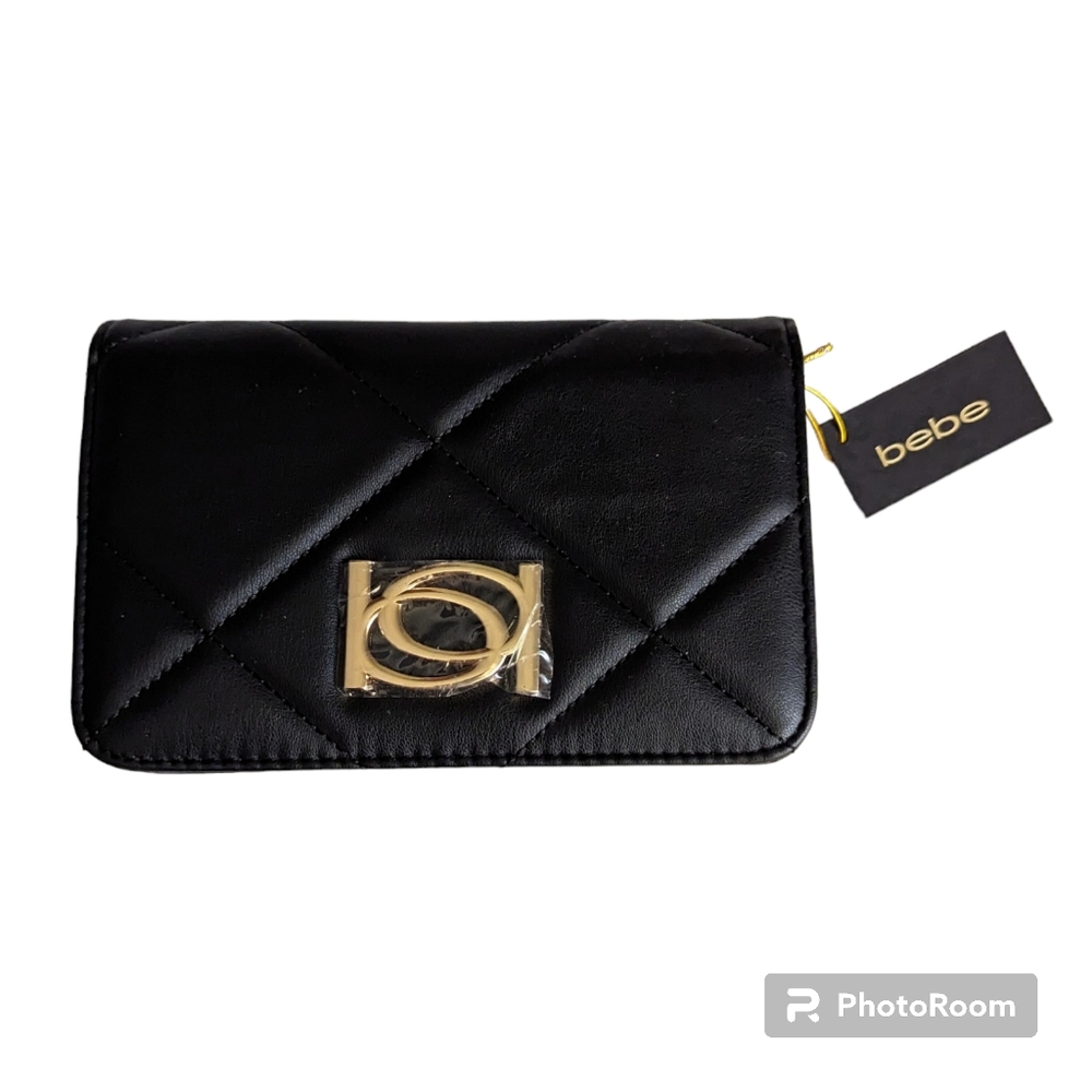 Bebe Gio Flap Crossbody Purse Black Gold Tone Logo & Hardware Quilted
